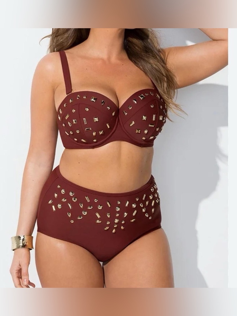 High-Waist Studded Bikini Set in Burgundy